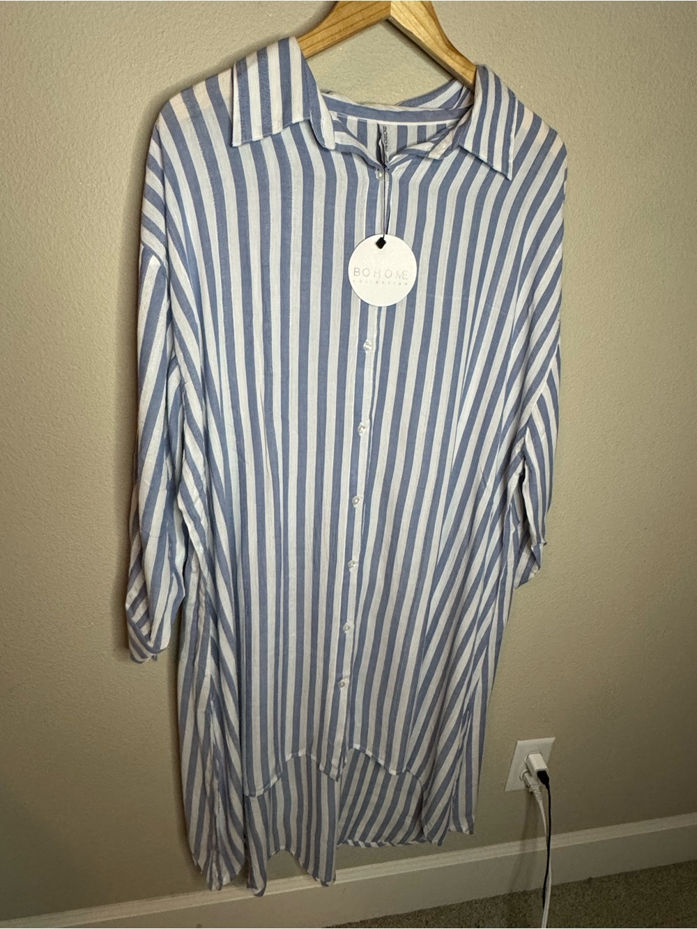 bohme Blue and White Vertical Stripe Casual Button-Down Shirt